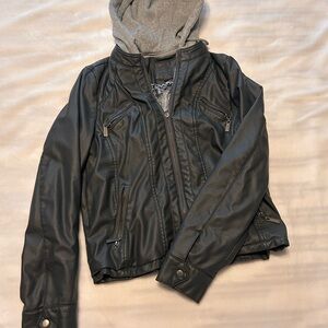 Women's Black Faux Leather Hooded Jacket